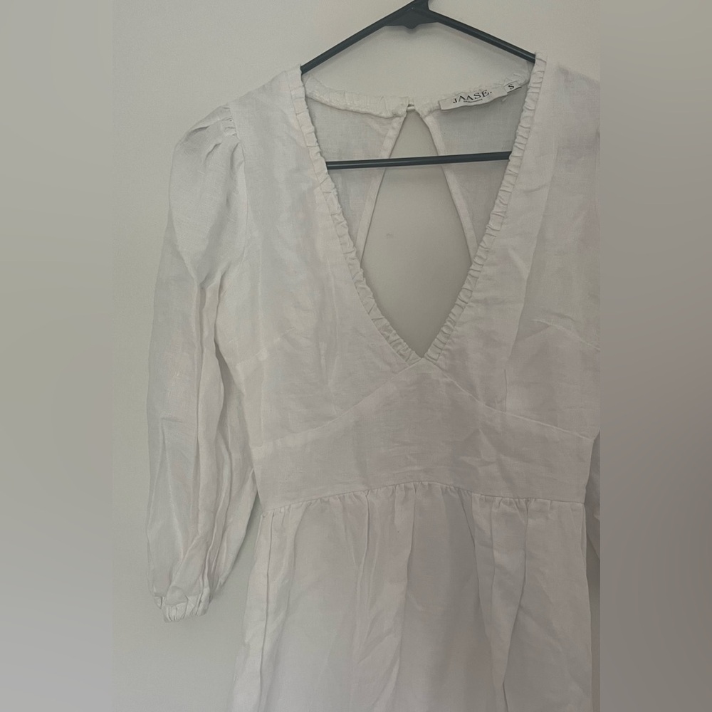 Billy J White Linen Puff Sleeve Midi Dress Size Small - Picture 3 of 5